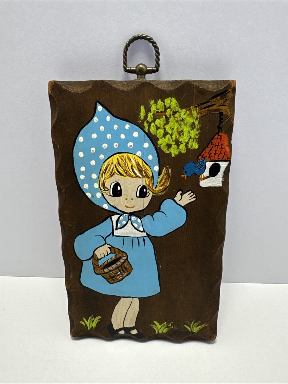 Hand Painted Wood Wall Plaque Big Eye Girl Blue Bonnet Birdhouse Folk Art